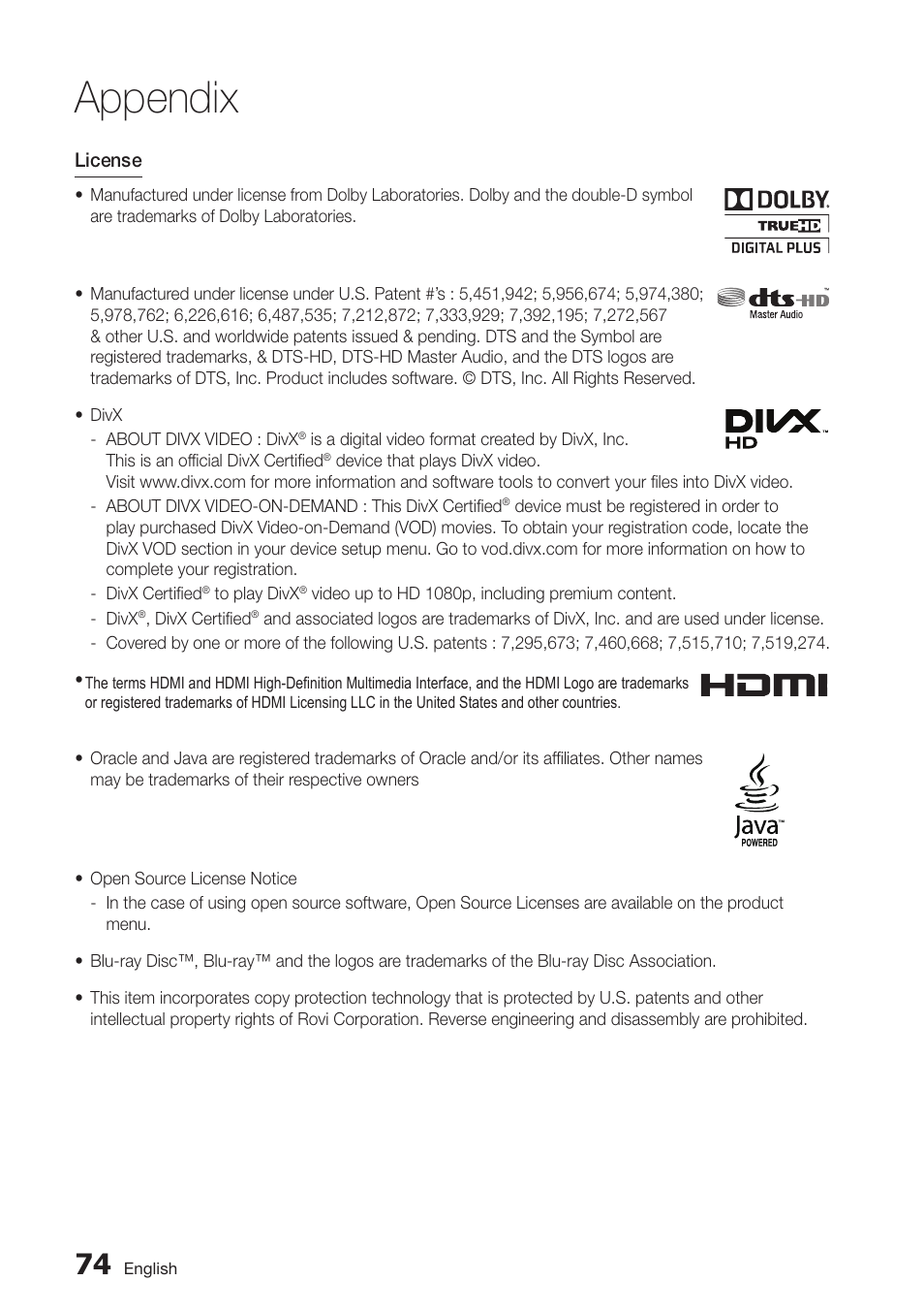 Appendix | Samsung BD-D7500-ZA User Manual | Page 74 / 84