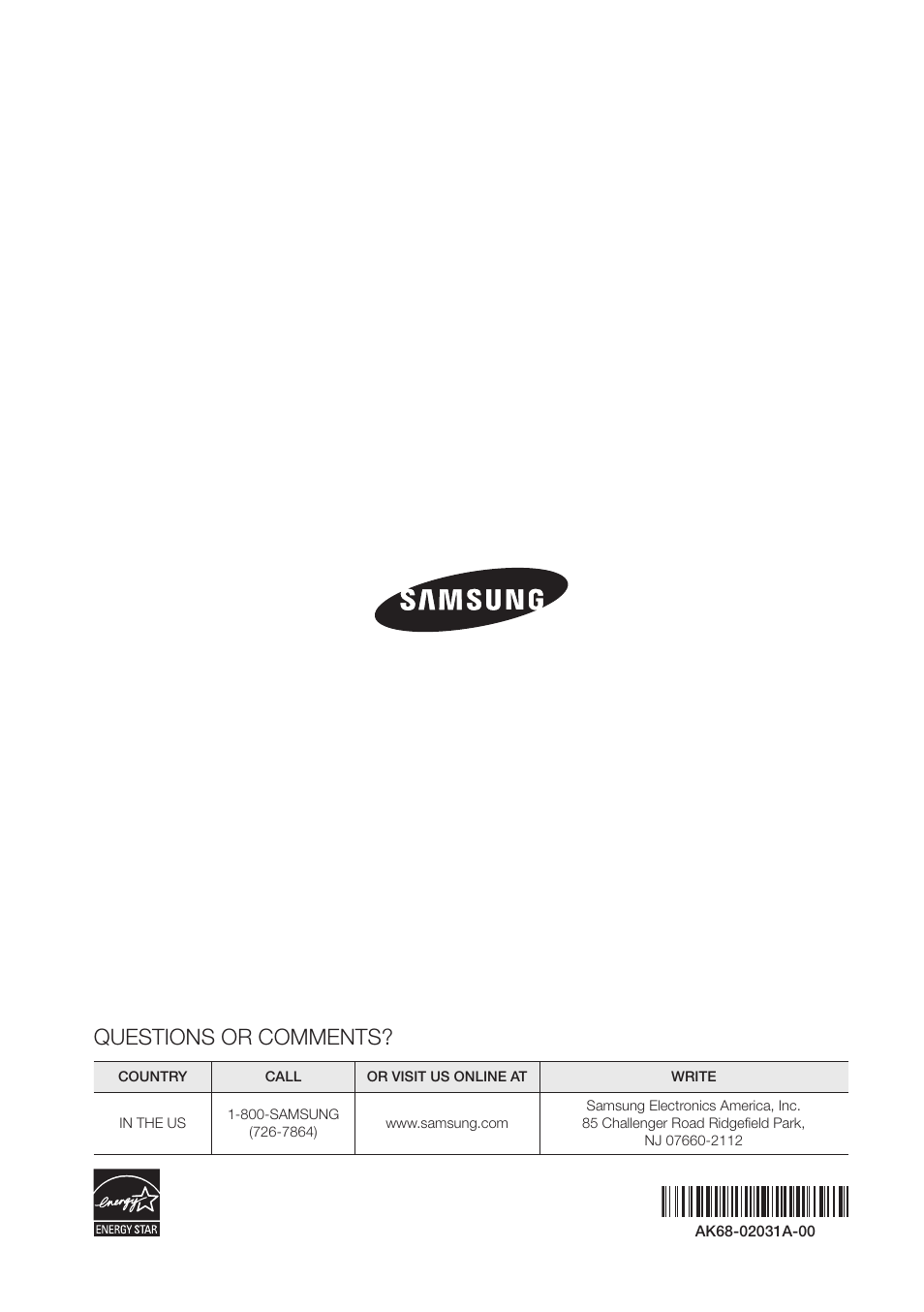 Questions or comments | Samsung BD-D7500-ZA User Manual | Page 84 / 84