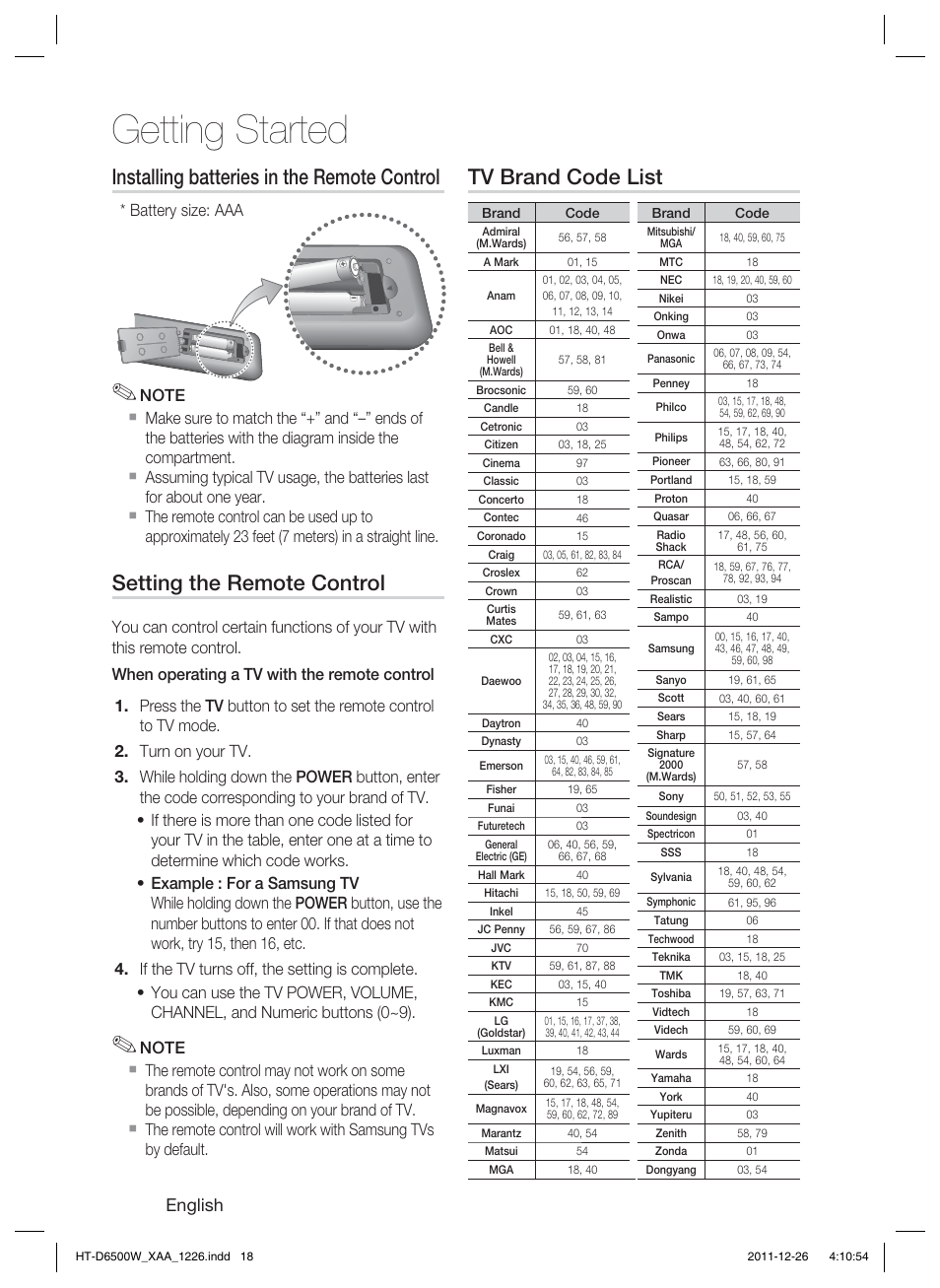 Getting started, Installing batteries in the remote control, Setting the remote control | Tv brand code list, English, Battery size: aaa | Samsung HT-D6500W-ZA User Manual | Page 18 / 87