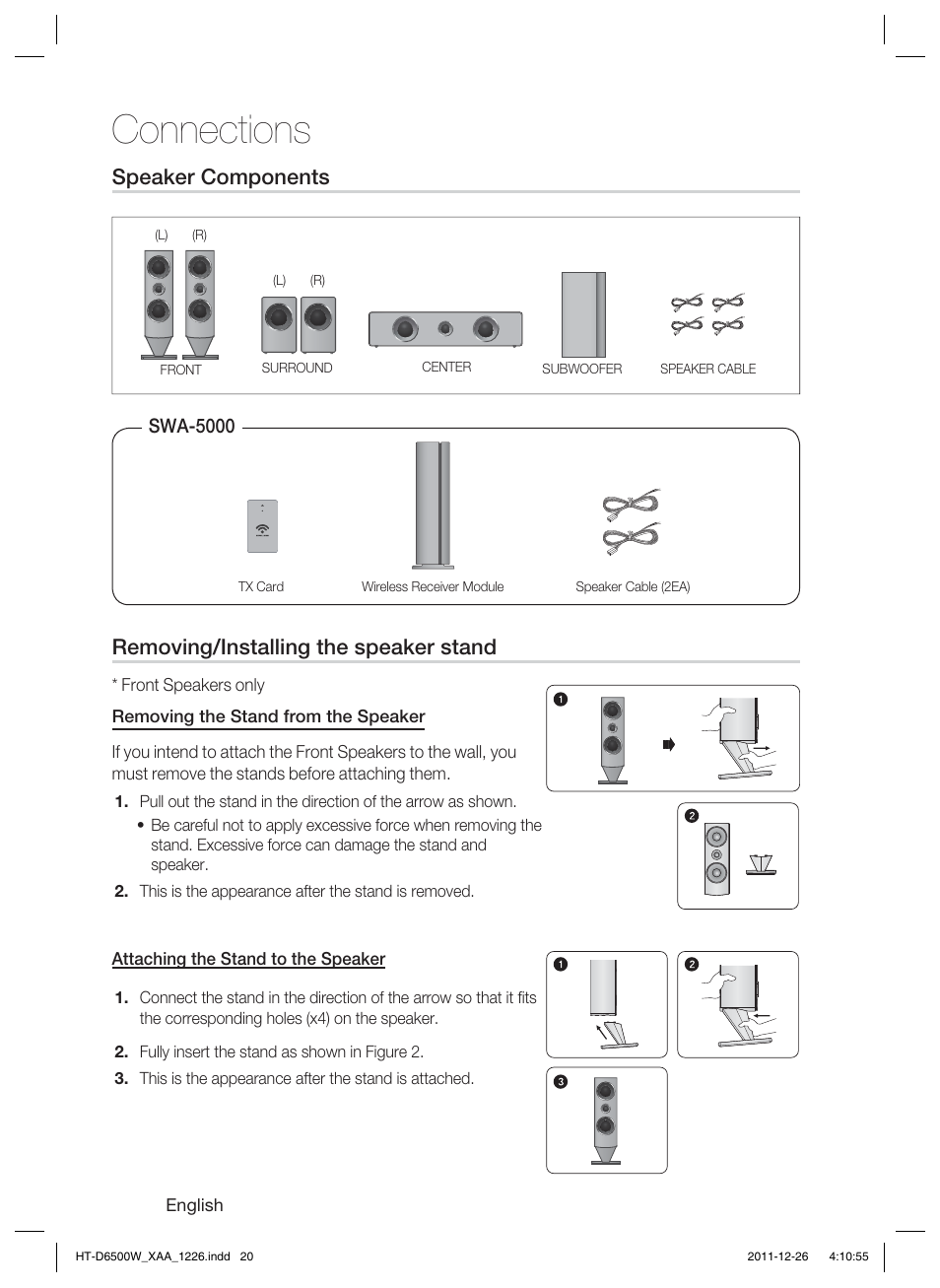 Connections, Speaker components, Removing/installing the speaker stand | Samsung HT-D6500W-ZA User Manual | Page 20 / 87