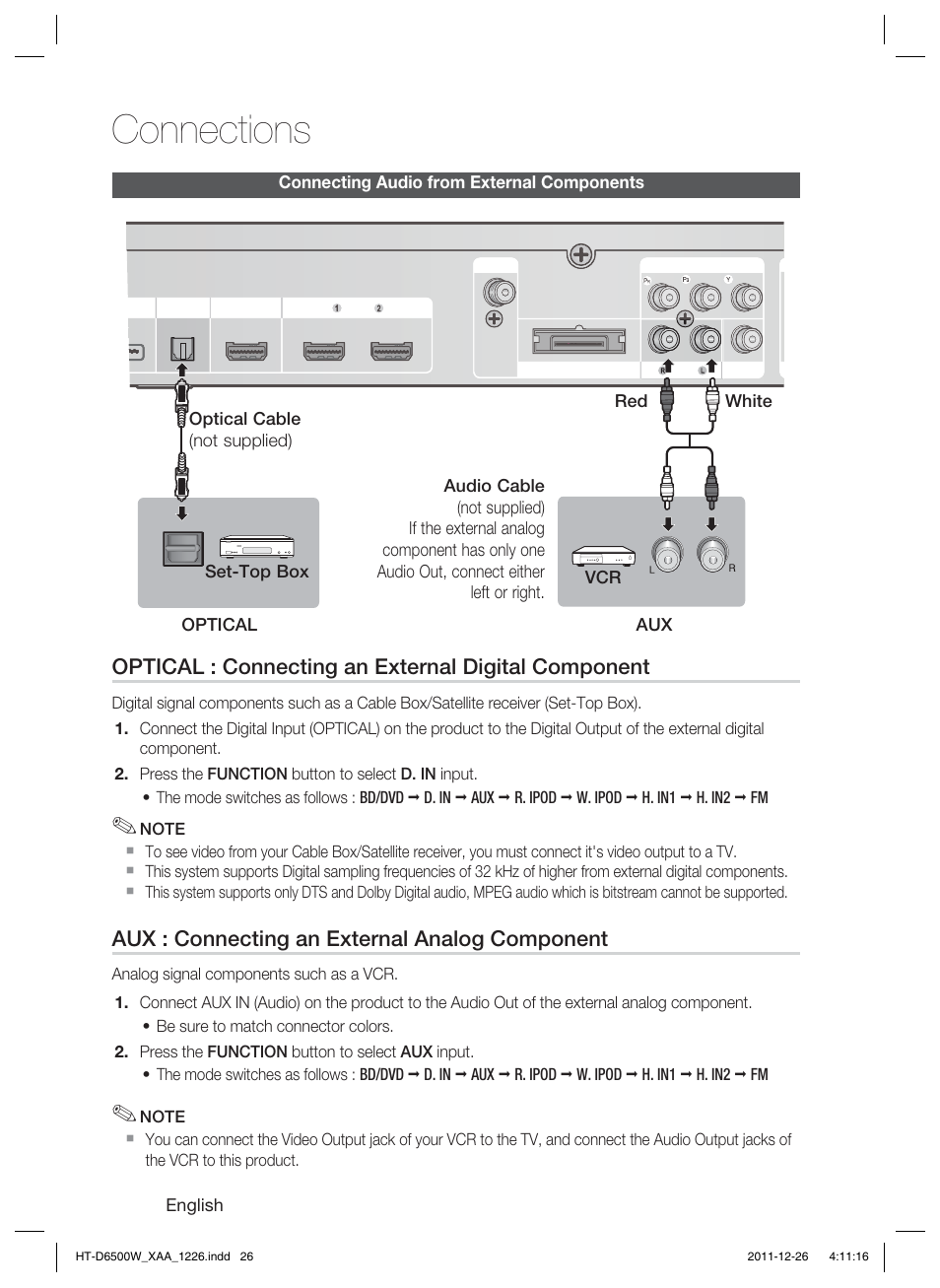 Connections, Optical : connecting an external digital component, Aux : connecting an external analog component | Samsung HT-D6500W-ZA User Manual | Page 26 / 87