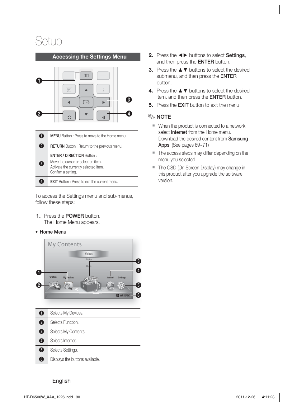 Setup, My contents | Samsung HT-D6500W-ZA User Manual | Page 30 / 87