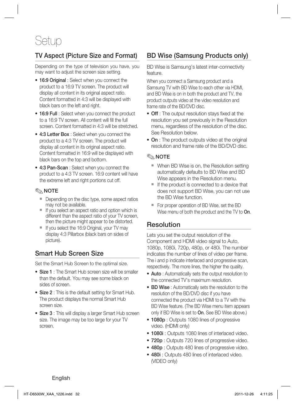 Setup | Samsung HT-D6500W-ZA User Manual | Page 32 / 87