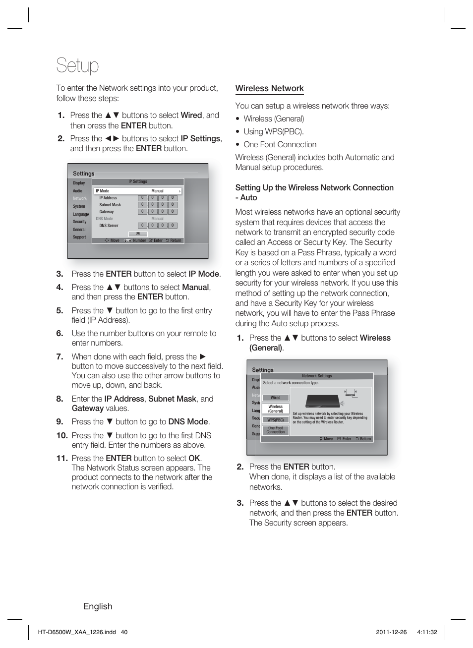 Setup, English, Wireless network | Samsung HT-D6500W-ZA User Manual | Page 40 / 87