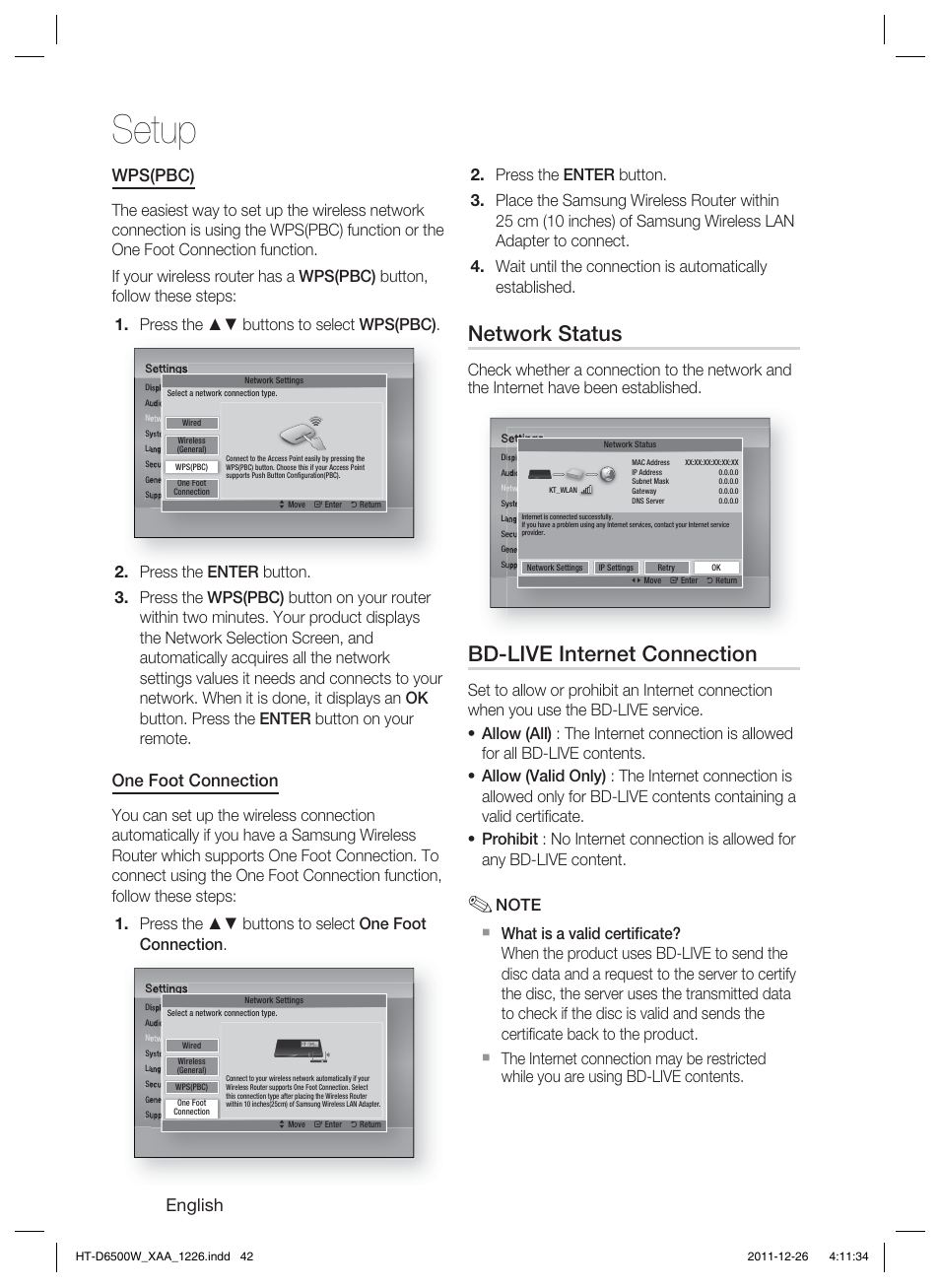 Setup, Network status, Bd-live internet connection | English, Wps(pbc), One foot connection | Samsung HT-D6500W-ZA User Manual | Page 42 / 87
