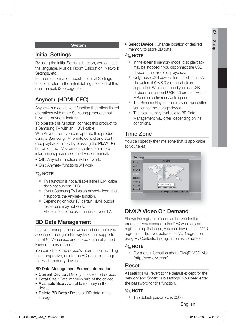 Initial settings, Anynet+ (hdmi-cec), Bd data management | Time zone, Divx® video on demand, Reset | Samsung HT-D6500W-ZA User Manual | Page 43 / 87