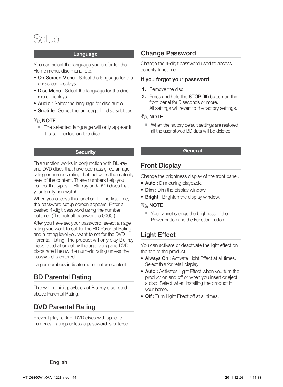 Setup | Samsung HT-D6500W-ZA User Manual | Page 44 / 87
