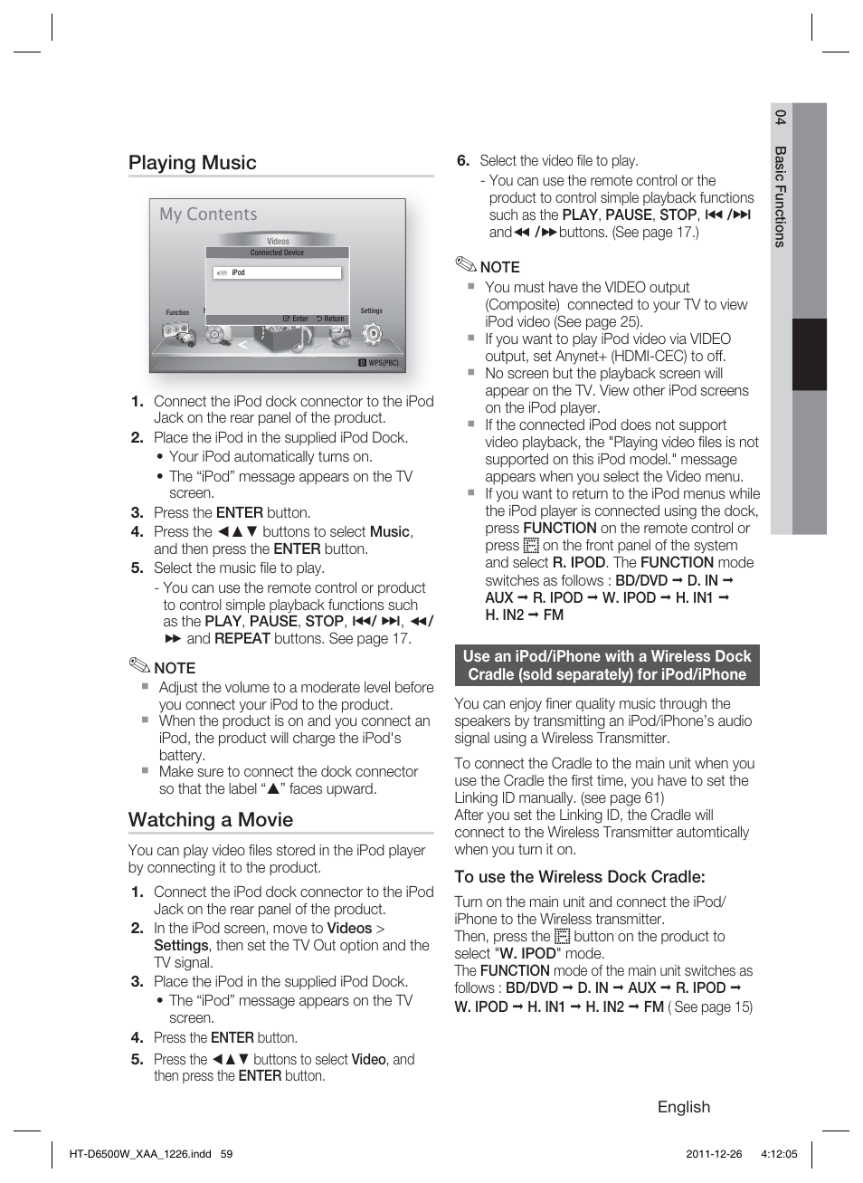 Playing music, Watching a movie | Samsung HT-D6500W-ZA User Manual | Page 59 / 87