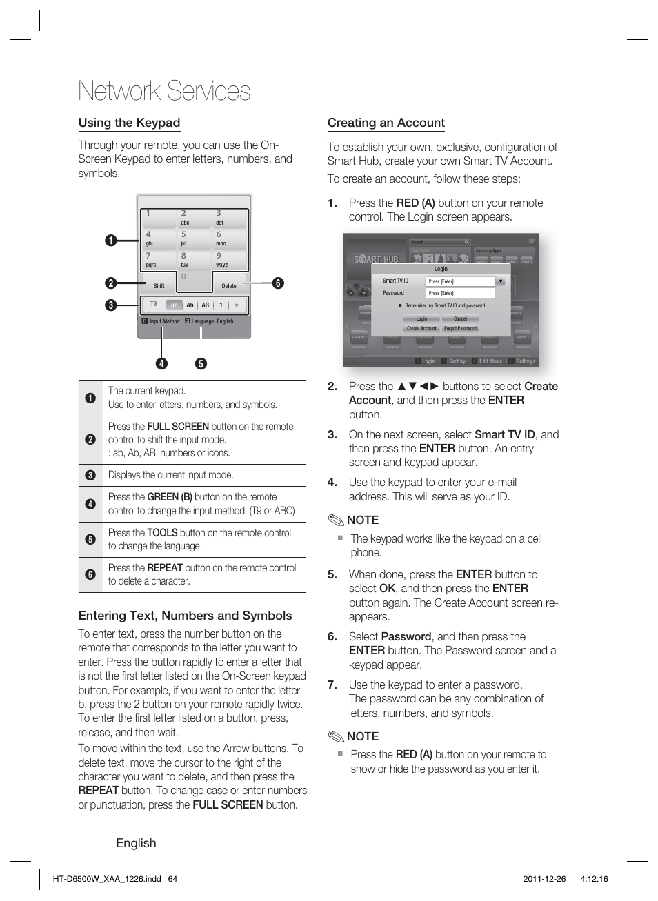 Network services, English, Using the keypad | Entering text, numbers and symbols, Creating an account | Samsung HT-D6500W-ZA User Manual | Page 64 / 87