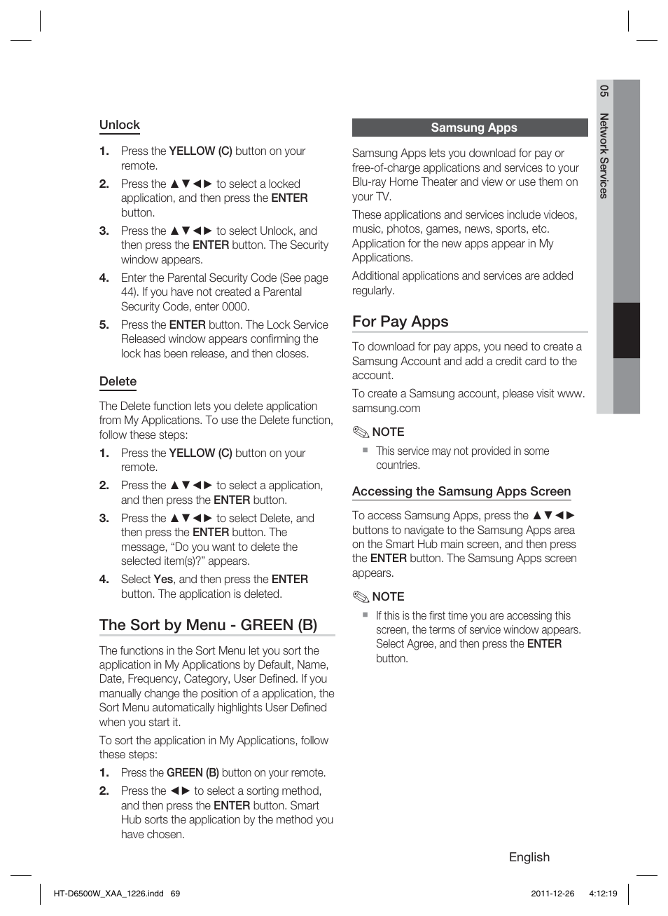 The sort by menu - green (b), For pay apps | Samsung HT-D6500W-ZA User Manual | Page 69 / 87