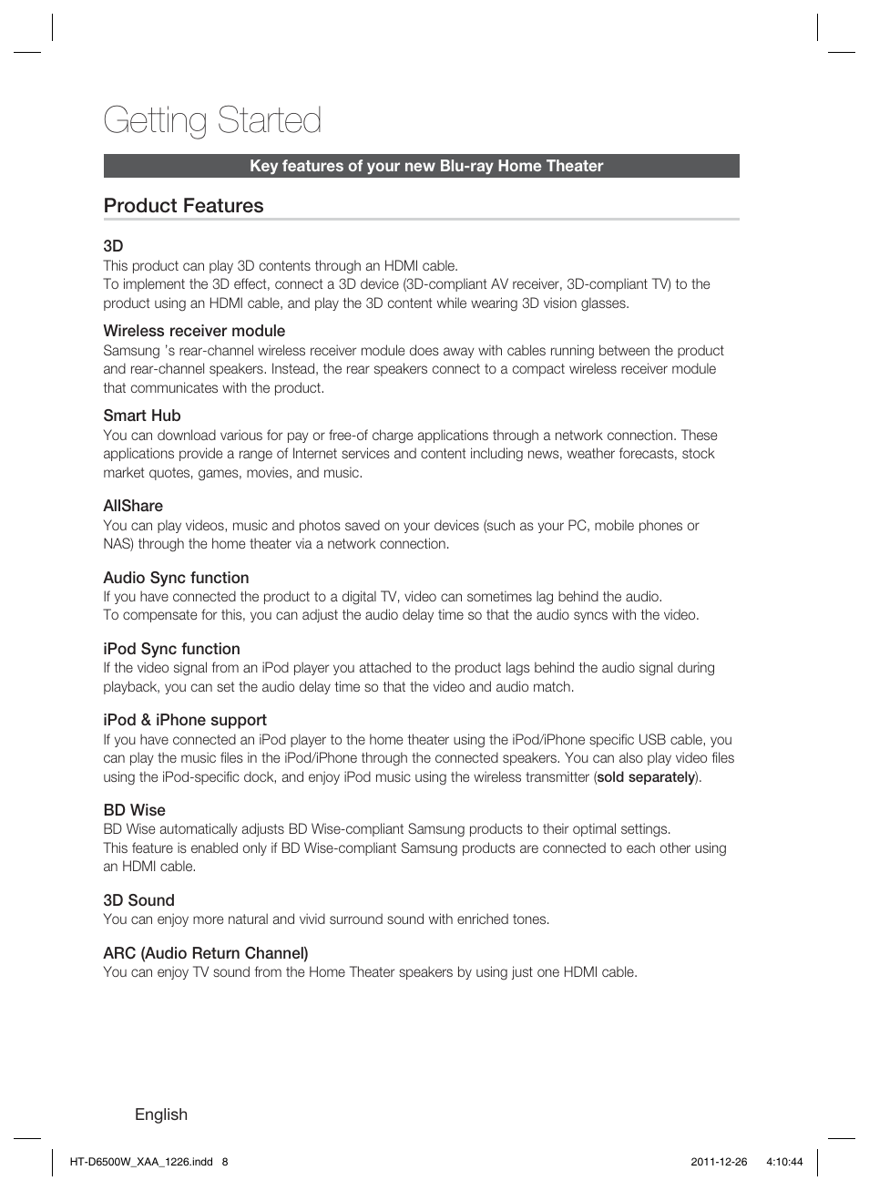 Getting started | Samsung HT-D6500W-ZA User Manual | Page 8 / 87