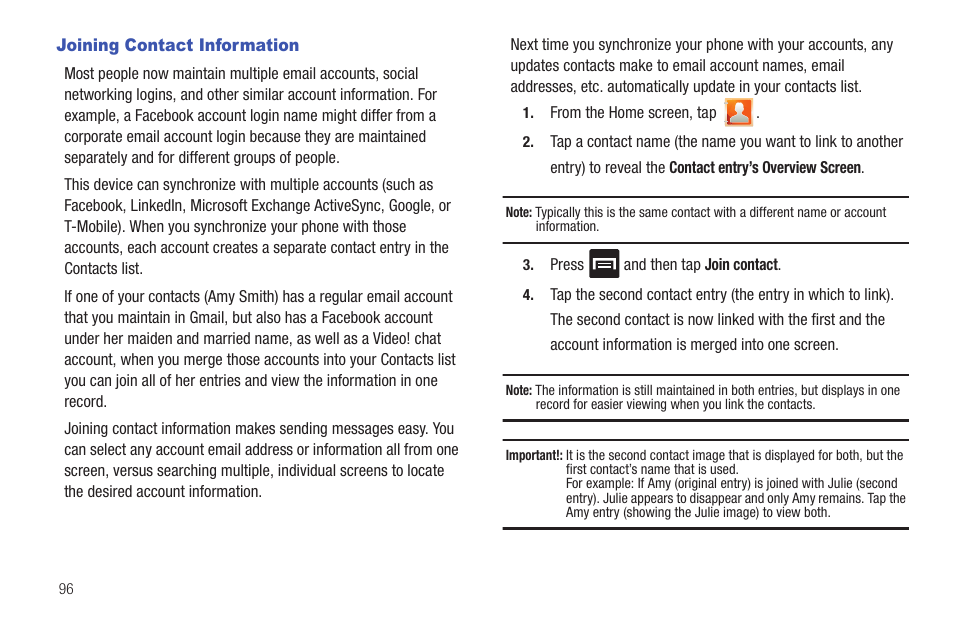 Joining contact information | Samsung SGH-T769NKBTMB User Manual | Page 100 / 310