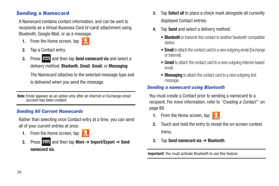 Sending a namecard | Samsung SGH-T769NKBTMB User Manual | Page 102 / 310