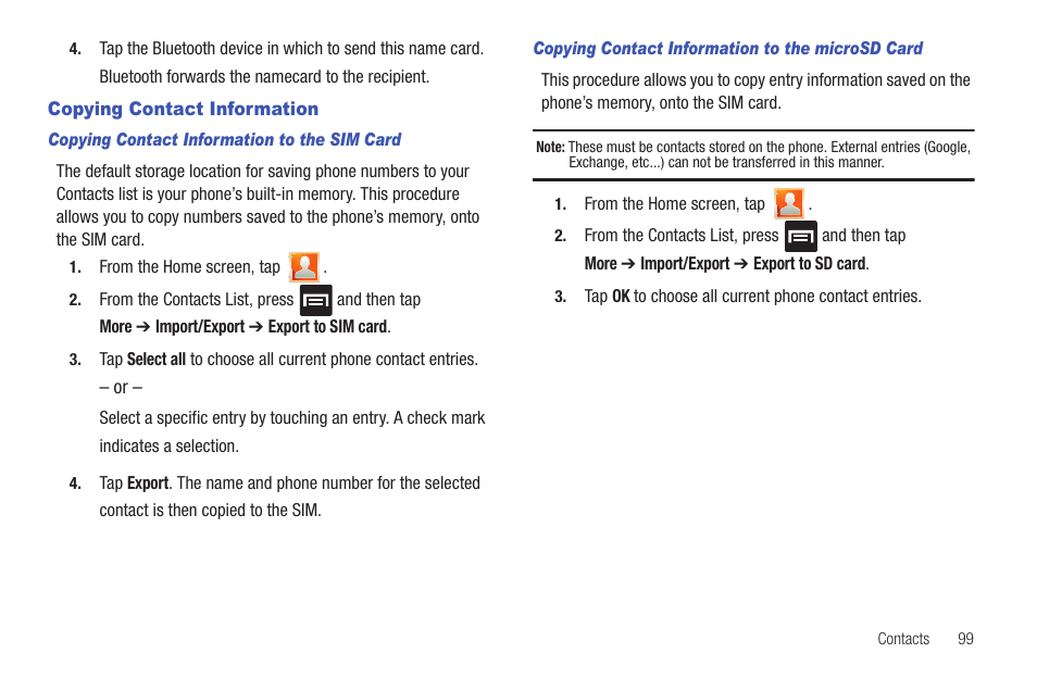 Copying contact information | Samsung SGH-T769NKBTMB User Manual | Page 103 / 310