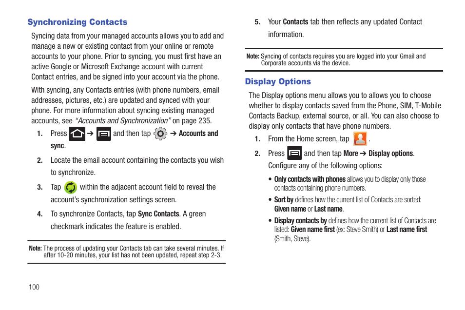 Synchronizing contacts, Display options, Synchronizing contacts display options | Samsung SGH-T769NKBTMB User Manual | Page 104 / 310