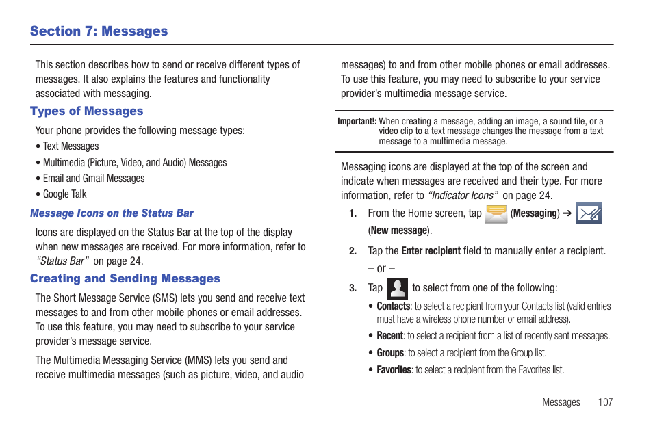 Section 7: messages, Types of messages, Creating and sending messages | Types of messages creating and sending messages | Samsung SGH-T769NKBTMB User Manual | Page 111 / 310