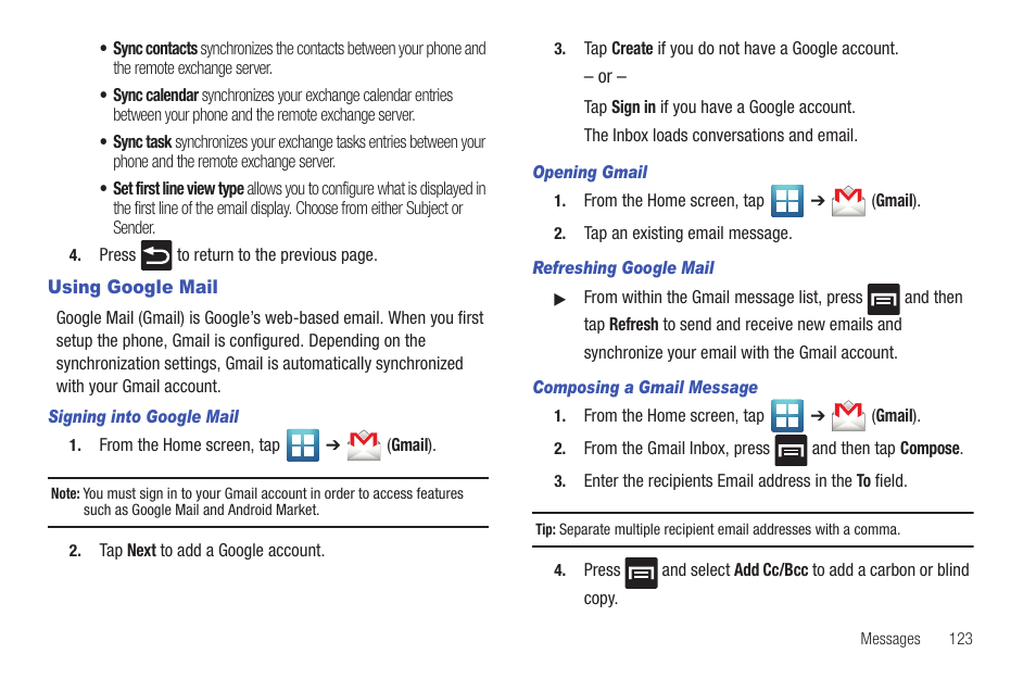 Using google mail | Samsung SGH-T769NKBTMB User Manual | Page 127 / 310