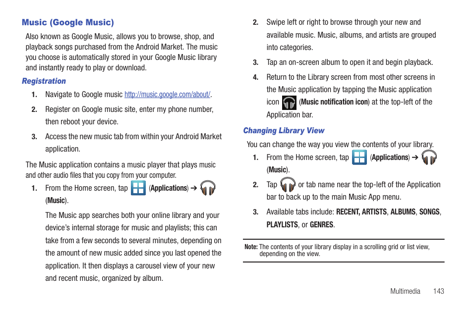 Music (google music) | Samsung SGH-T769NKBTMB User Manual | Page 147 / 310