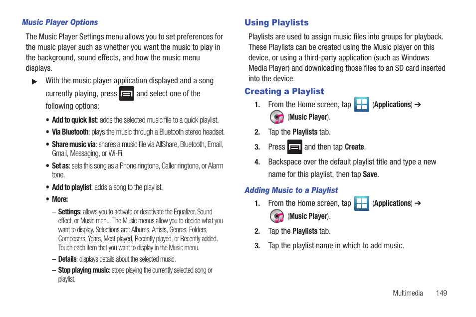 Using playlists, Creating a playlist, Using playlists creating a playlist | Samsung SGH-T769NKBTMB User Manual | Page 153 / 310