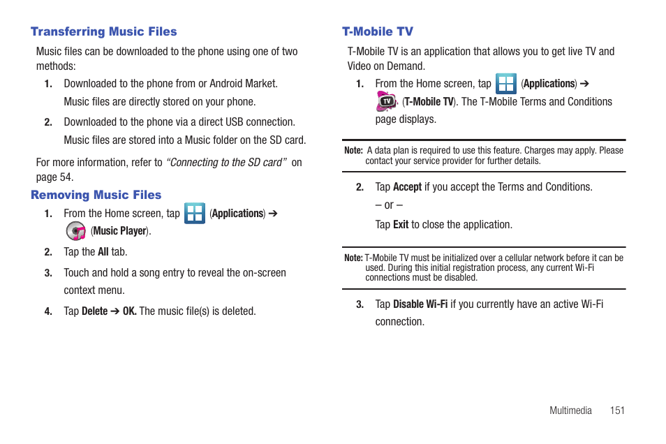 Transferring music files, Removing music files, T-mobile tv | Removing music files t-mobile tv | Samsung SGH-T769NKBTMB User Manual | Page 155 / 310