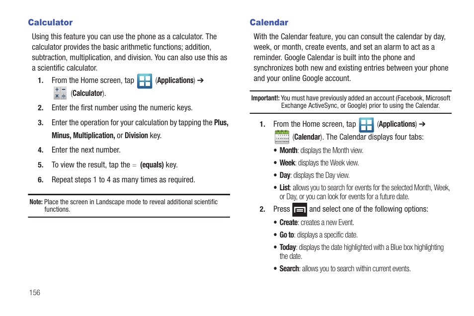 Calculator, Calendar, Calculator calendar | Samsung SGH-T769NKBTMB User Manual | Page 160 / 310