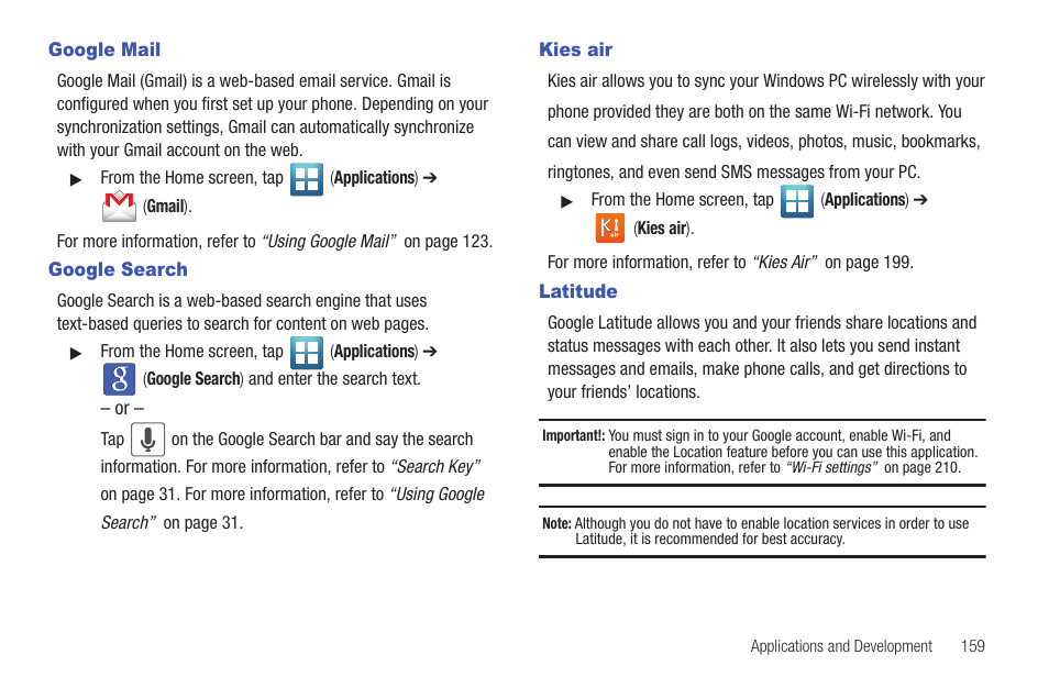 Google mail, Google search, Kies air | Latitude, Google mail google search kies air latitude | Samsung SGH-T769NKBTMB User Manual | Page 163 / 310