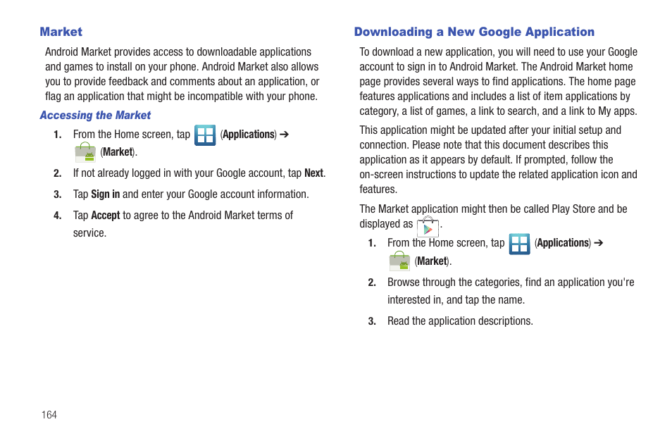 Market, Downloading a new google application, Market downloading a new google application | Samsung SGH-T769NKBTMB User Manual | Page 168 / 310