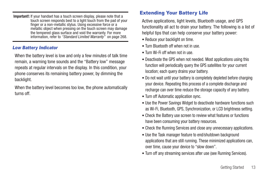 Extending your battery life | Samsung SGH-T769NKBTMB User Manual | Page 17 / 310