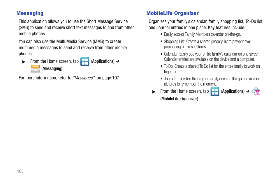 Messaging, Mobilelife organizer, Messaging mobilelife organizer | Samsung SGH-T769NKBTMB User Manual | Page 172 / 310