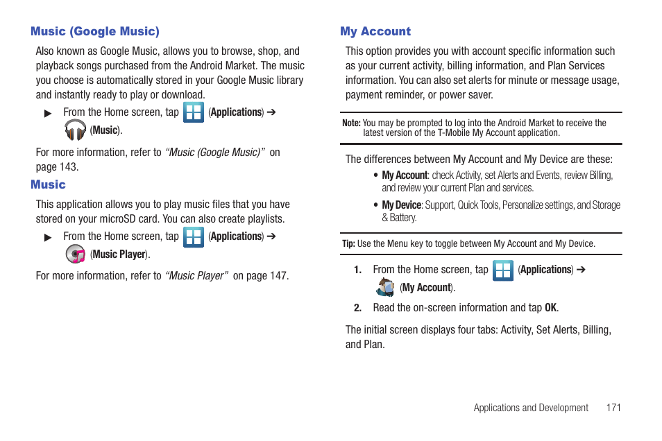 Music (google music), Music, My account | Music (google music) music my account | Samsung SGH-T769NKBTMB User Manual | Page 175 / 310