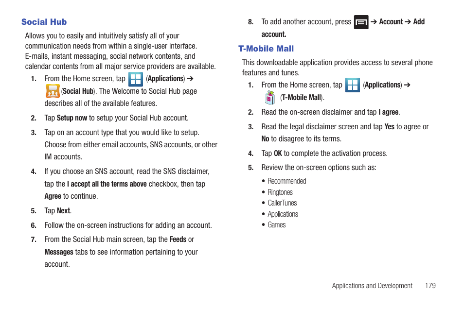 Social hub, T-mobile mall, Social hub t-mobile mall | Samsung SGH-T769NKBTMB User Manual | Page 183 / 310