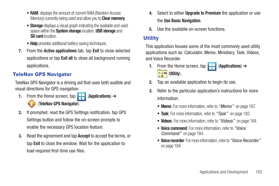 Telenav gps navigator, Utility, Telenav gps navigator utility | Samsung SGH-T769NKBTMB User Manual | Page 187 / 310