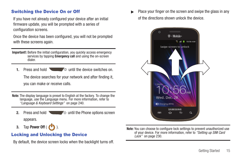 Switching the device on or off, Locking and unlocking the device | Samsung SGH-T769NKBTMB User Manual | Page 19 / 310