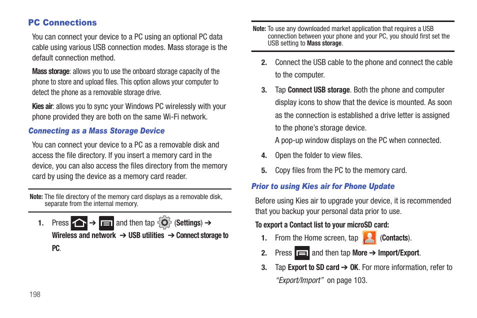 Pc connections | Samsung SGH-T769NKBTMB User Manual | Page 202 / 310