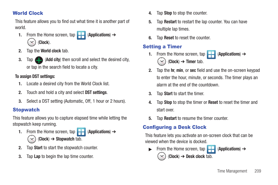 World clock, Stopwatch, Setting a timer | Configuring a desk clock, Stopwatch setting a timer configuring a desk clock | Samsung SGH-T769NKBTMB User Manual | Page 213 / 310