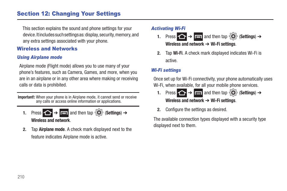 Section 12: changing your settings, Wireless and networks | Samsung SGH-T769NKBTMB User Manual | Page 214 / 310