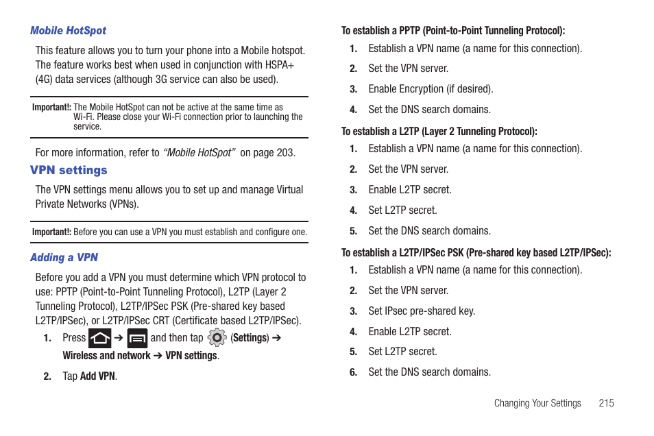 Vpn settings | Samsung SGH-T769NKBTMB User Manual | Page 219 / 310