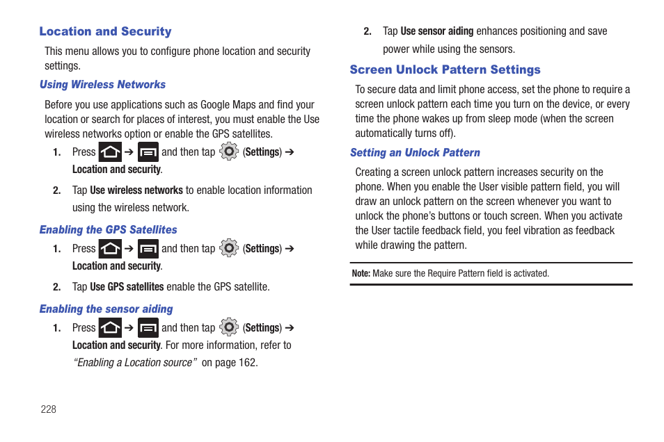 Location and security, Screen unlock pattern settings | Samsung SGH-T769NKBTMB User Manual | Page 232 / 310