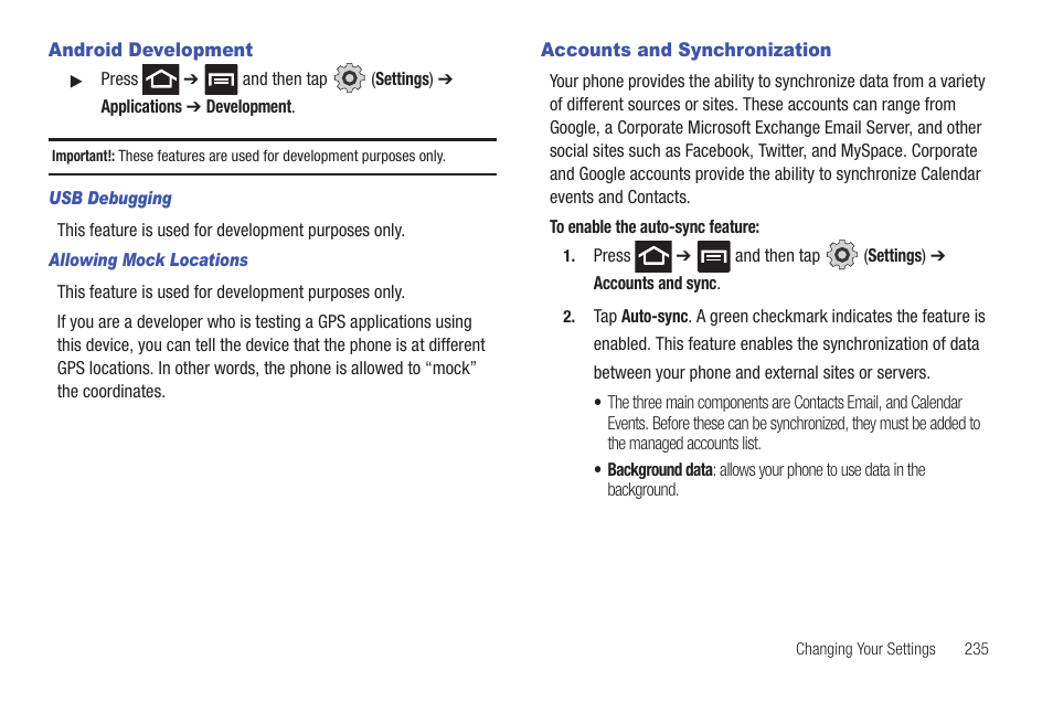 Android development, Accounts and synchronization, Android development accounts and synchronization | Samsung SGH-T769NKBTMB User Manual | Page 239 / 310