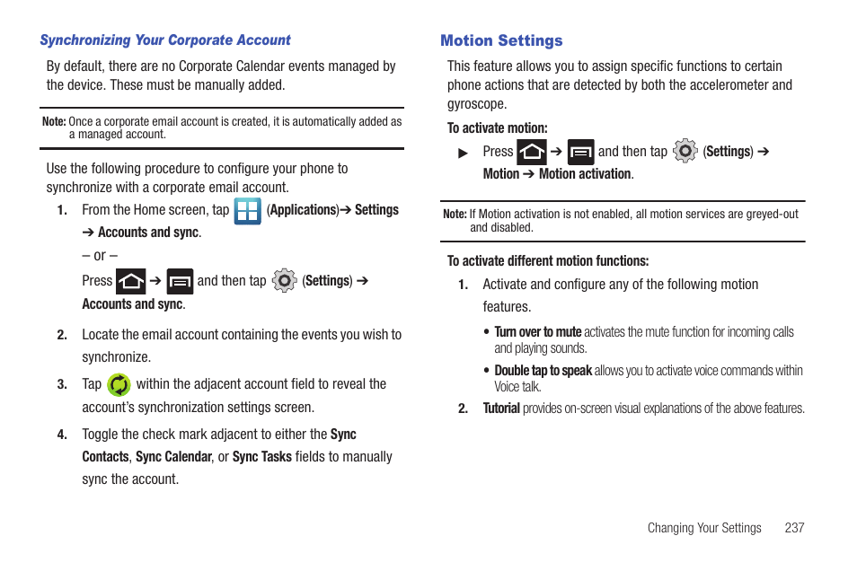 Motion settings | Samsung SGH-T769NKBTMB User Manual | Page 241 / 310