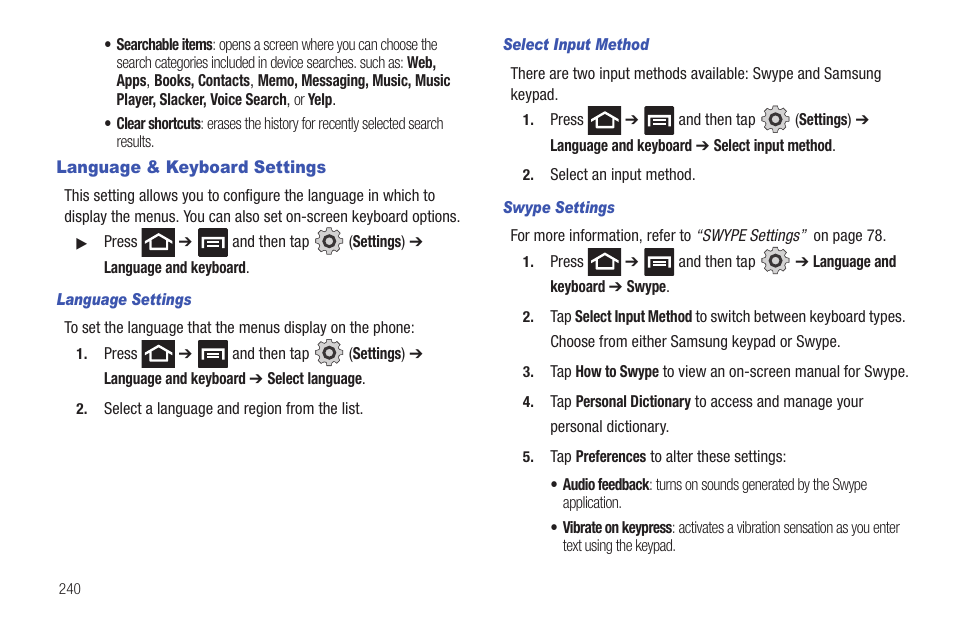 Language & keyboard settings | Samsung SGH-T769NKBTMB User Manual | Page 244 / 310