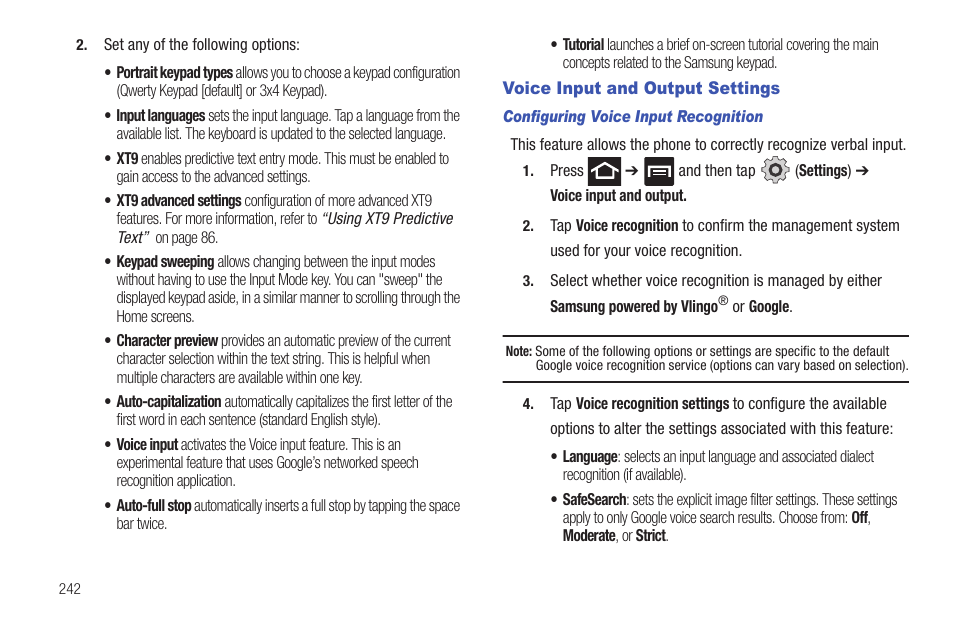 Voice input and output settings | Samsung SGH-T769NKBTMB User Manual | Page 246 / 310