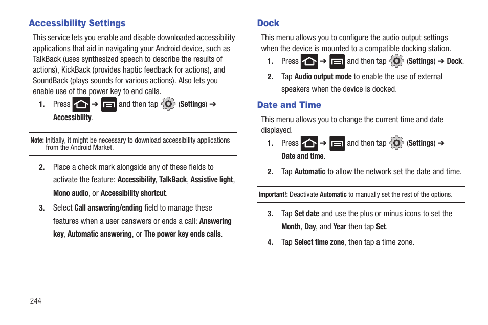 Accessibility settings, Dock, Date and time | Accessibility settings dock date and time | Samsung SGH-T769NKBTMB User Manual | Page 248 / 310