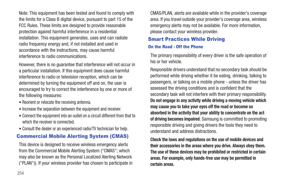 Commercial mobile alerting system (cmas), Smart practices while driving | Samsung SGH-T769NKBTMB User Manual | Page 258 / 310