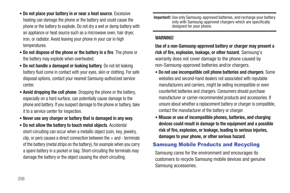 Samsung mobile products and recycling | Samsung SGH-T769NKBTMB User Manual | Page 260 / 310