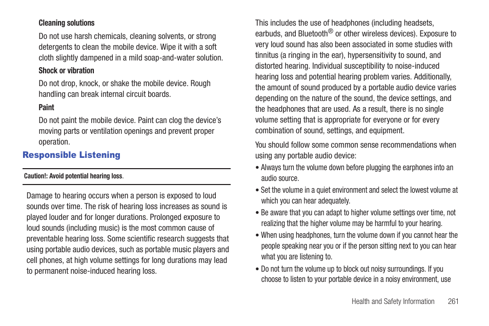 Responsible listening | Samsung SGH-T769NKBTMB User Manual | Page 265 / 310