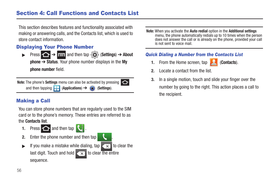 Section 4: call functions and contacts list, Displaying your phone number, Making a call | Displaying your phone number making a call | Samsung SGH-T769NKBTMB User Manual | Page 60 / 310