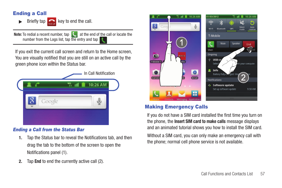 Ending a call, Making emergency calls, Ending a call making emergency calls | Samsung SGH-T769NKBTMB User Manual | Page 61 / 310