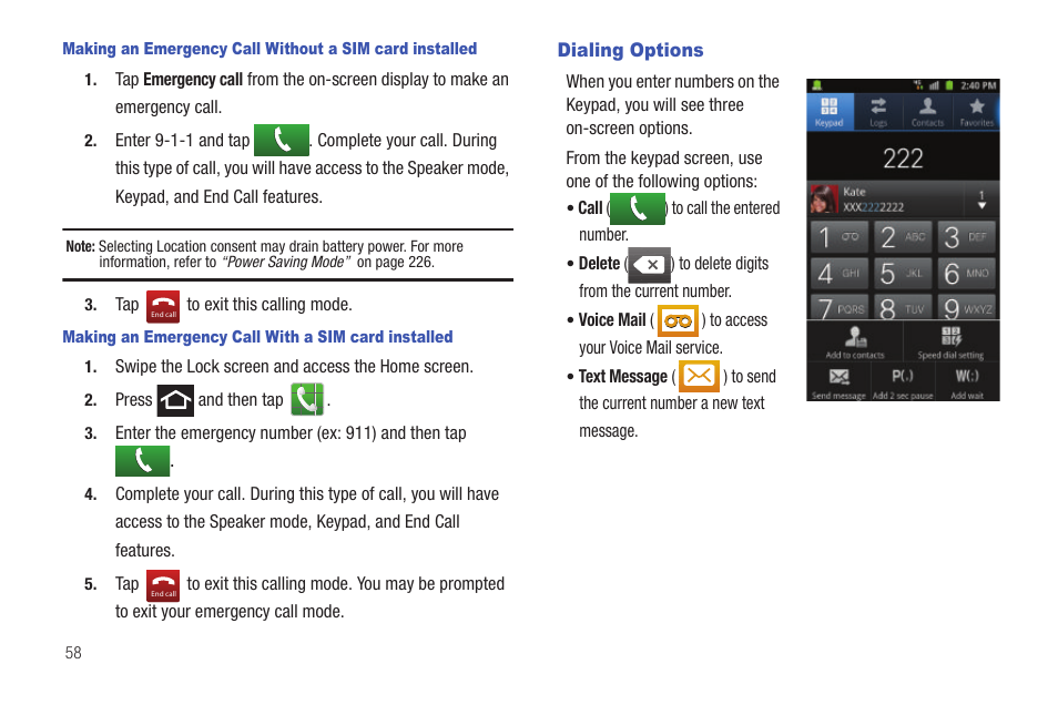 Dialing options | Samsung SGH-T769NKBTMB User Manual | Page 62 / 310