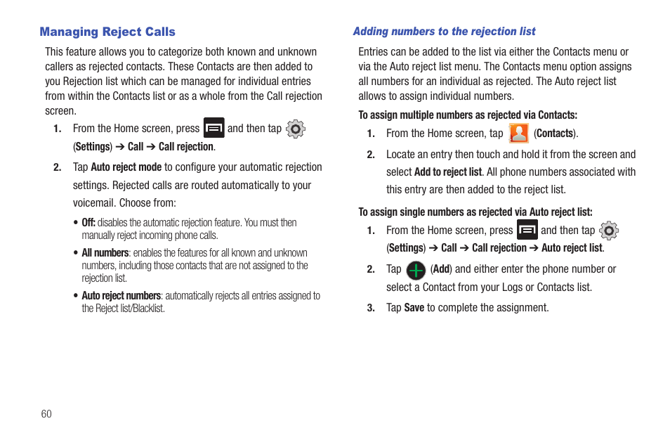 Managing reject calls | Samsung SGH-T769NKBTMB User Manual | Page 64 / 310